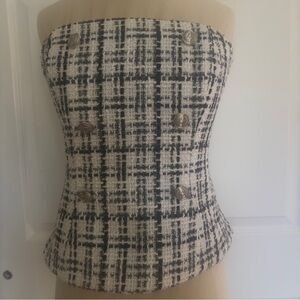 White House Black Market Plaid Strapless Top - Black and Cream